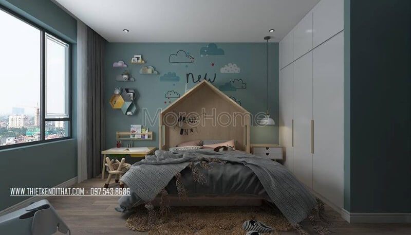 , với điểm nhấn là giường ngủ gỗ công nghiệp với đầu giường cách điệu nhà. Thiết kế phòng ngủ cho bé với nổi bật là một mẫu giường ngủ gỗ công nghiệp với đầu giường cách điệu nhà, đảm bảo sẽ là một mẫu giường ngủ đẹp mắt cho các bé.