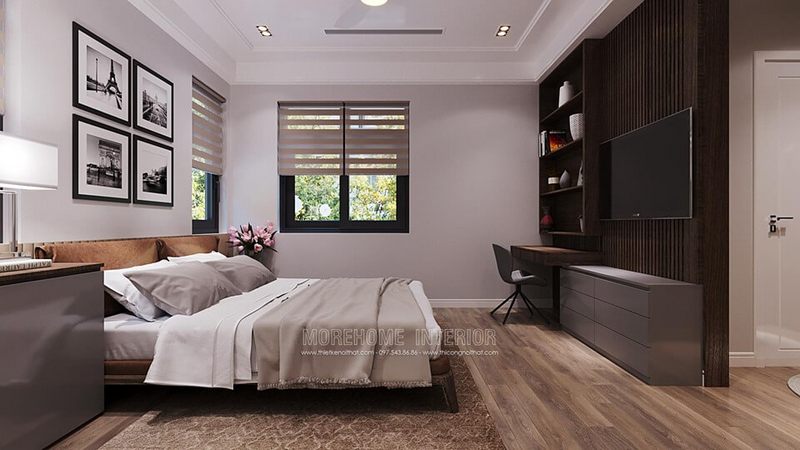 Morehome đề nghị bạn cách thiết kế nội thất phòng ngủ đẹp theo phong cách hiện đại bằng cách sử dụng đồ gỗ công nghiệp và đồ gỗ tự nhiên.