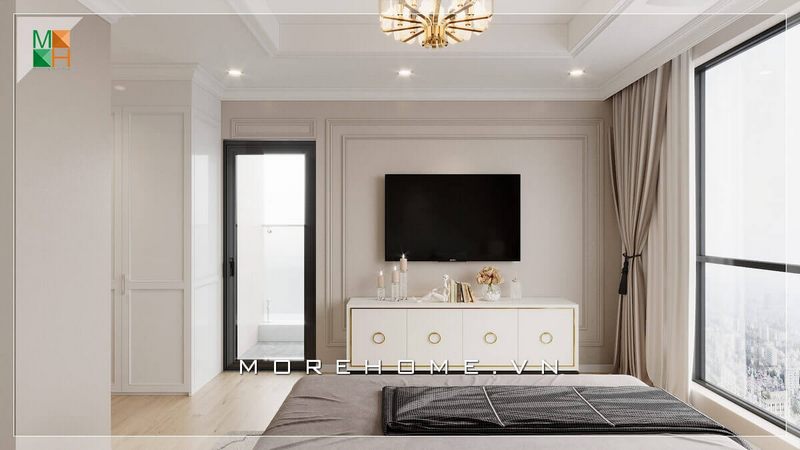 . Mẫu thiết kế phòng ngủ dành cho các căn hộ, nhà phố, biệt thự có diện tích lớn được trang bị nội thất bằng gỗ công nghiệp sơn trắng theo phong cách tân cổ điển, tạo nên một vẻ đẹp sang trọng và quyến rũ cho căn phòng.