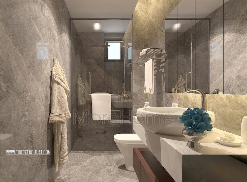 Nội thất phòng tắm ấn tượng, các thiết bị hiện đại được gia chủ lựa chọn như: vách tắm kính cường lực, bồn sứ, gương trang trí, đá ốp lát... tạo nên không gian riêng tư sang chảnh và sạch sẽ